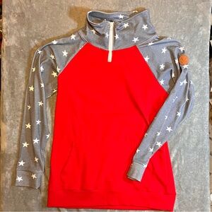 NWT Michelle Mae Sweatshirt High Neck 1/4 Zip Long Sleeve L Stars USA Red Gray
